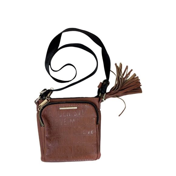 Steve Madden Cognac Crossbody Purse Monogram Brown Leather Tassle Bglamm - Picture 1 of 11